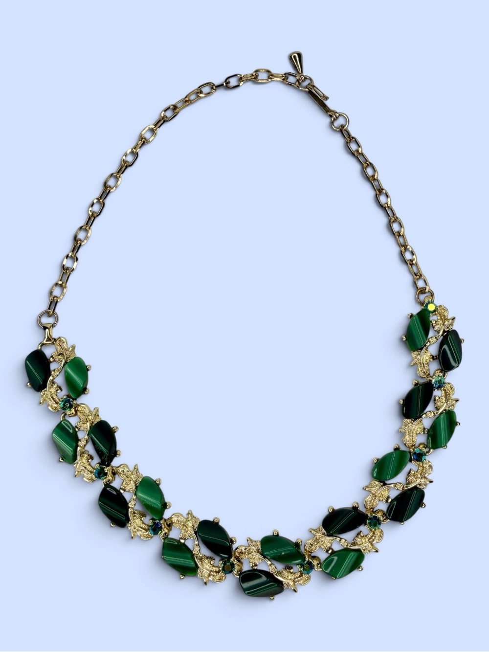 Vintage Thermoset Lucite Green Rhinestone Gold Tone Statement Necklace